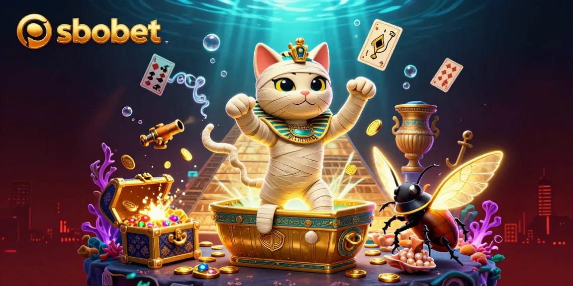 SBOBET's exciting gaming universe showcases a cartoon pyramid casino featuring a mummy cat.