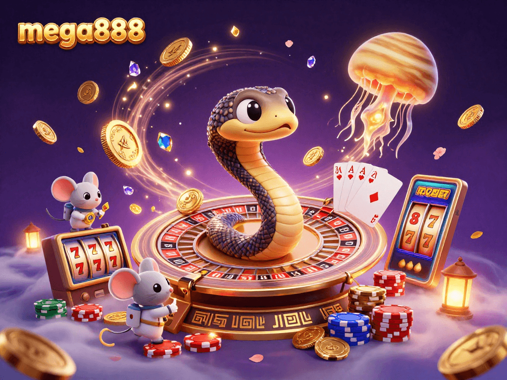 Mega888 memaparkan slot wang sebenar dan permainan menarik dengan keseruan kosmik pada ilustrasi digital.