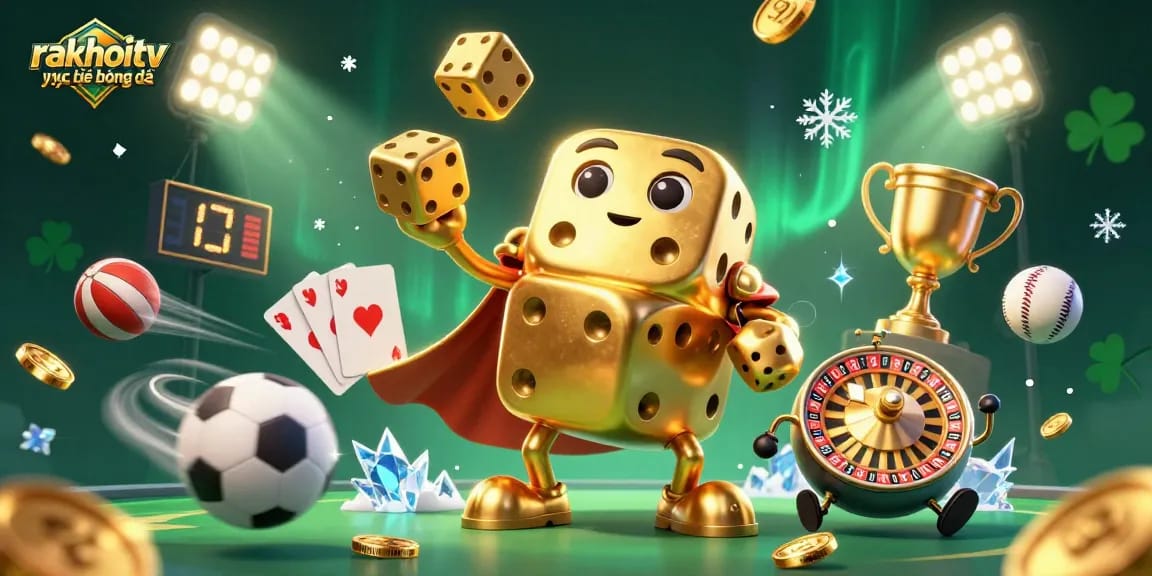 Engage with rakhoitv trực tiếp bóng đá featuring a dynamic 3D scene of gaming excitement.