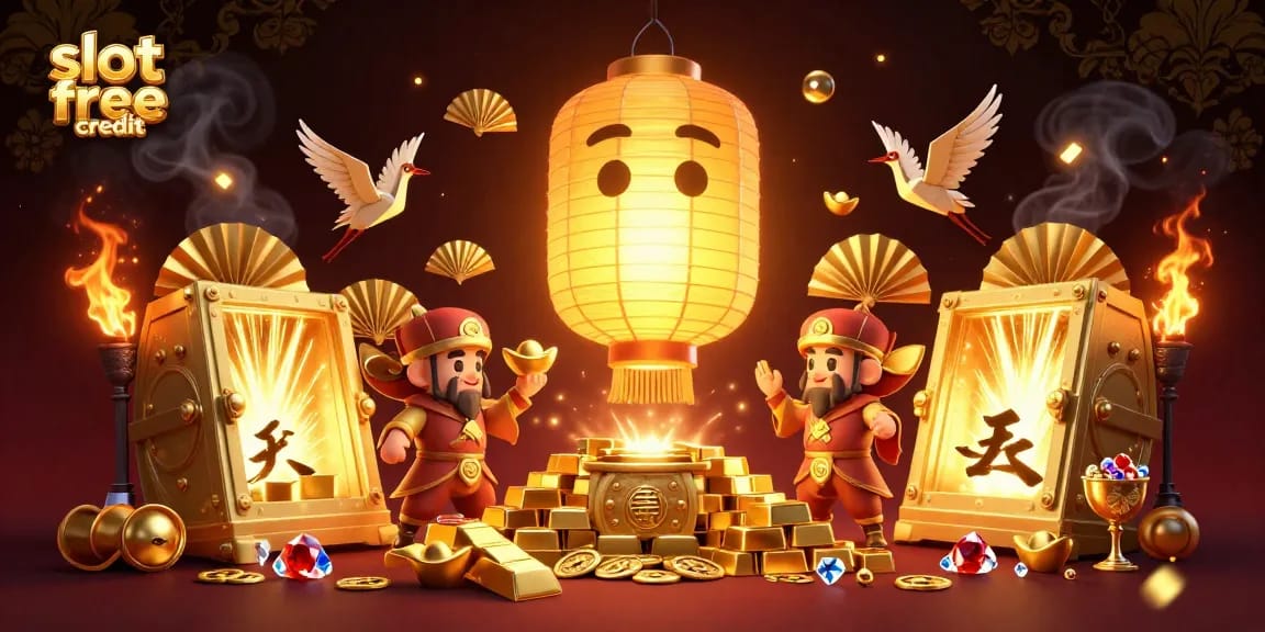 Engage in thrilling wins with slot free credit amid a vibrant casino scene filled with golden treasures and spirits.