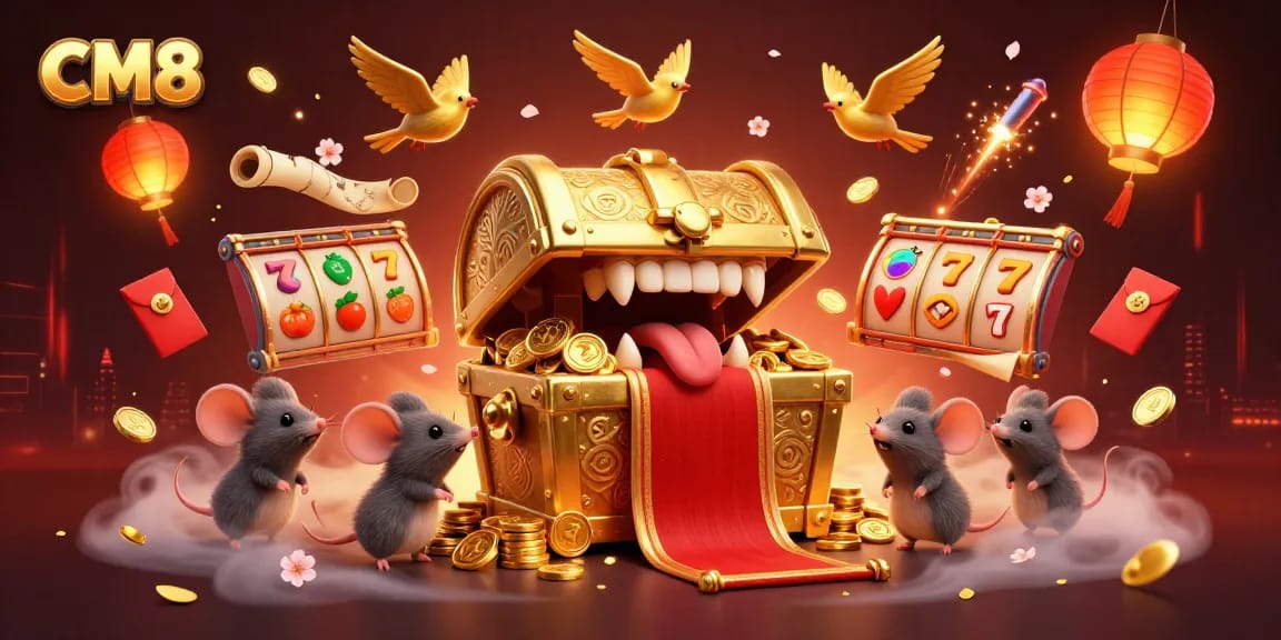 Experience thrilling wins at CM8 with vibrant casino elements and engaging characters in this stunning illustration.