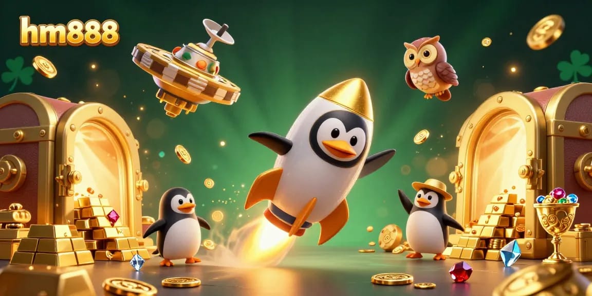 Experience thrilling gaming action at hm888 with golden treasures and a casino in space.