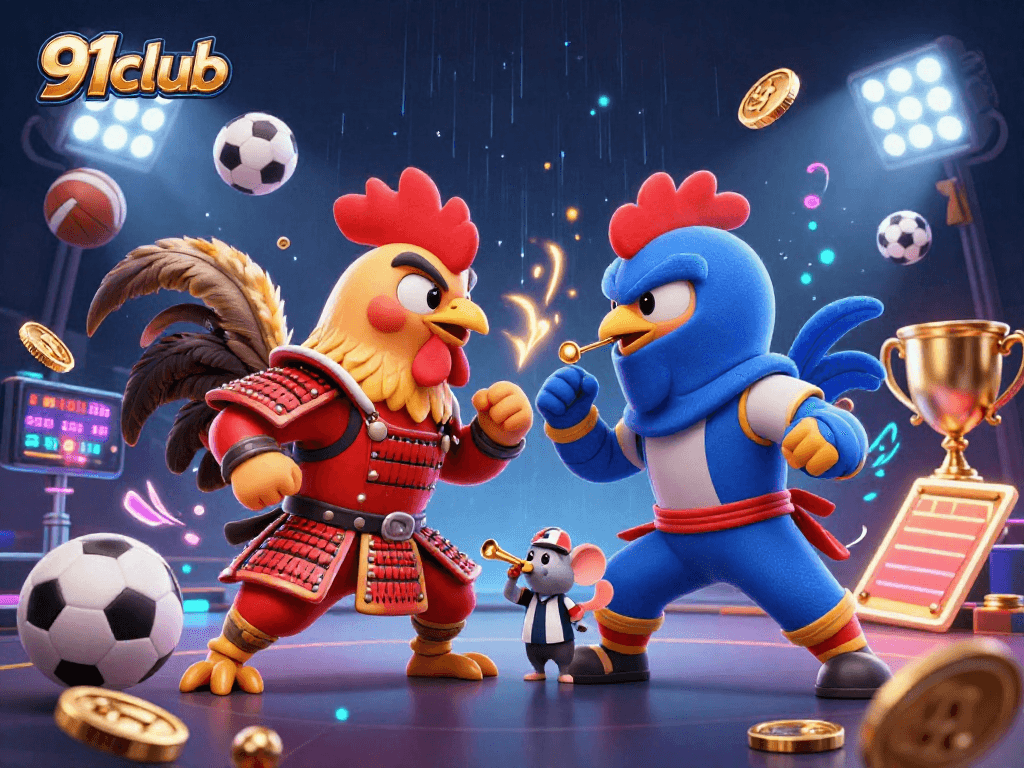 Engage with thrilling action at 91club as roosters battle in a vibrant casino-themed scene.