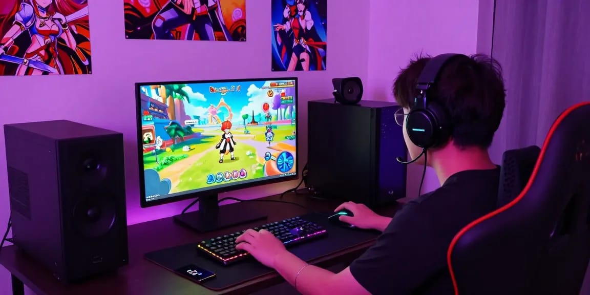 Player engaging with an ecchi simulator game in a vibrant gaming room, surrounded by gaming gear and colorful LED lights.