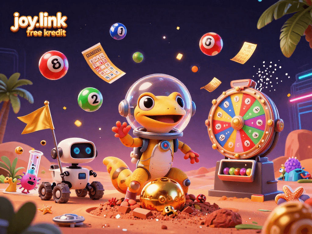Experience joy.link free kredit in this vibrant casino-themed 3D illustration showcasing dynamic gaming elements.