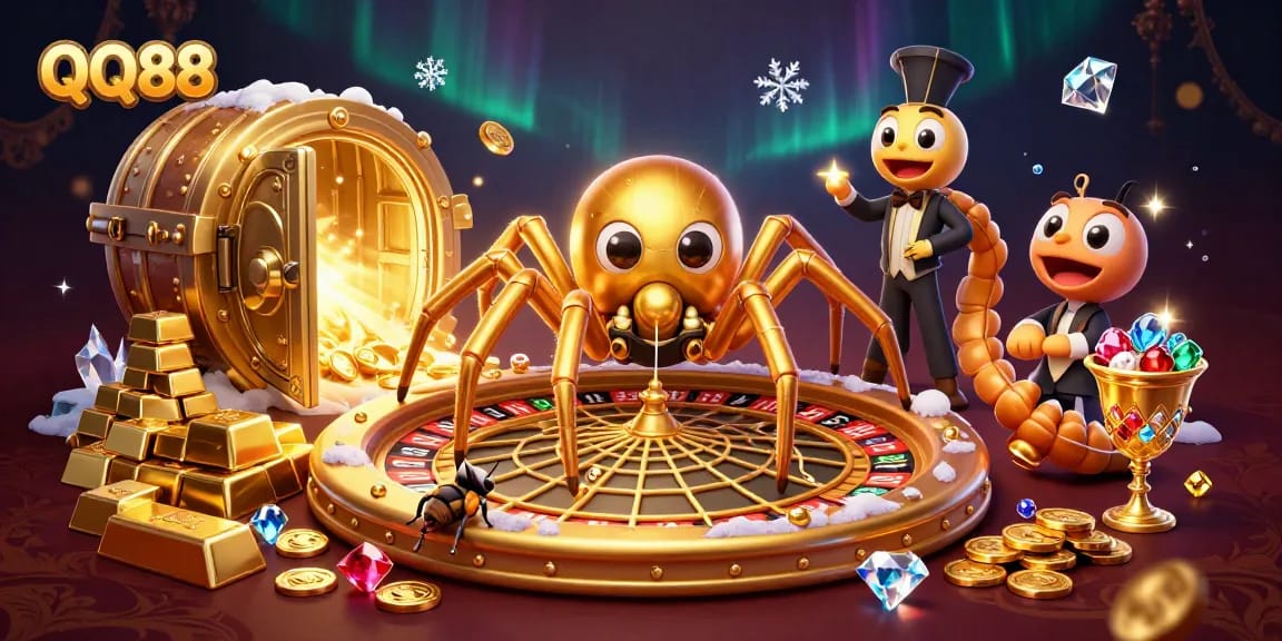 Spin your fortune at QQ88 with golden webs of roulette surrounded by treasures!