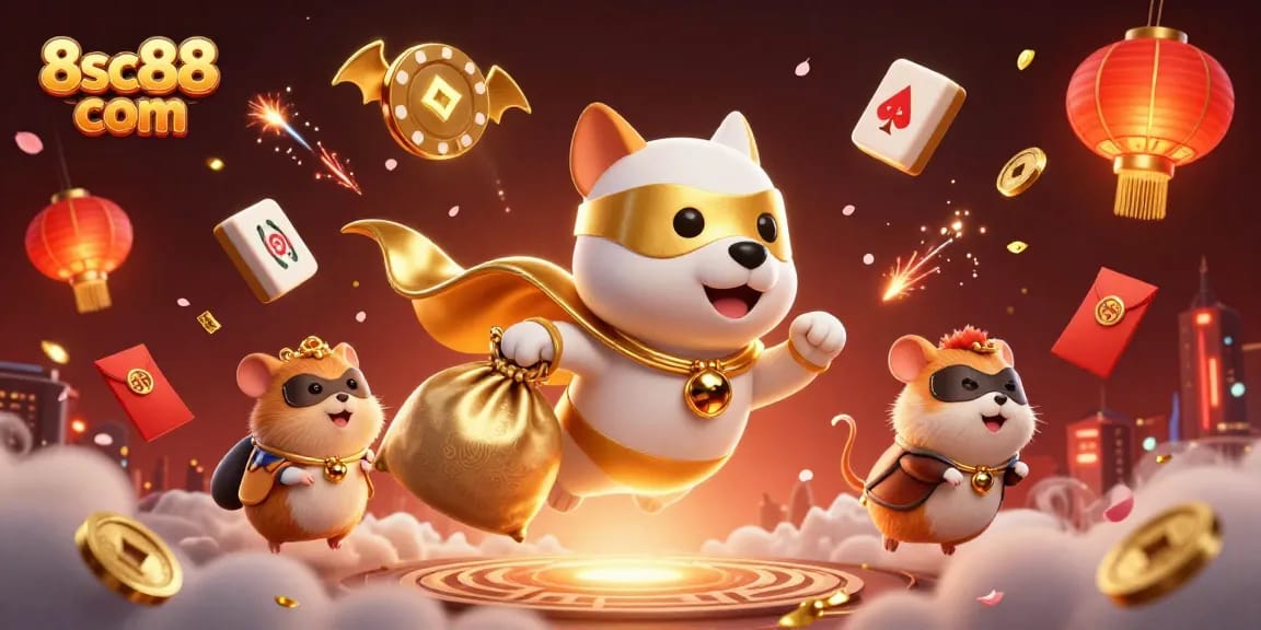 Experience vibrant gambling action with 8sc88 com featuring a superhero dog amidst rich 3D imagery.
