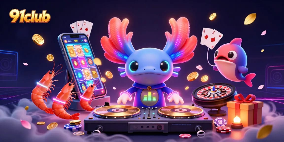 Engaging 91club illustration of an axolotl DJ and gaming elements, showcasing vibrant casino action.