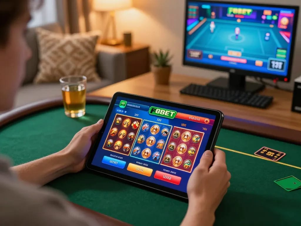 Player enjoying a thrilling online casino experience on F8BET with tablet in cozy setting