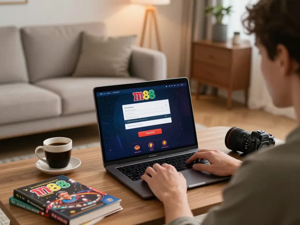Engaging in m88 login from a cozy home setup for online casino gaming, showcasing excitement.