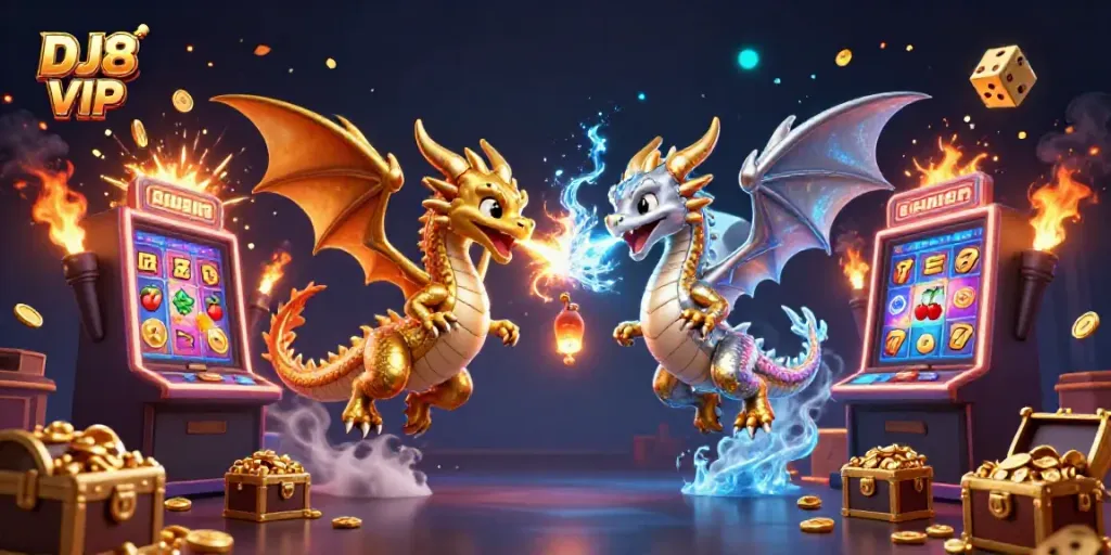 Engage with DJ8 VIP's thrilling gaming experience surrounded by fantastic 3D dragons and dynamic casino elements.