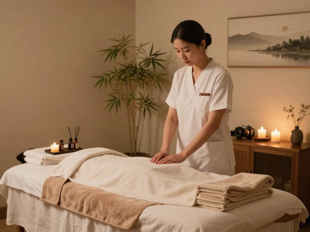 Serene 송파출장안마 environment with a massage table, essential oils, and relaxing ambiance.