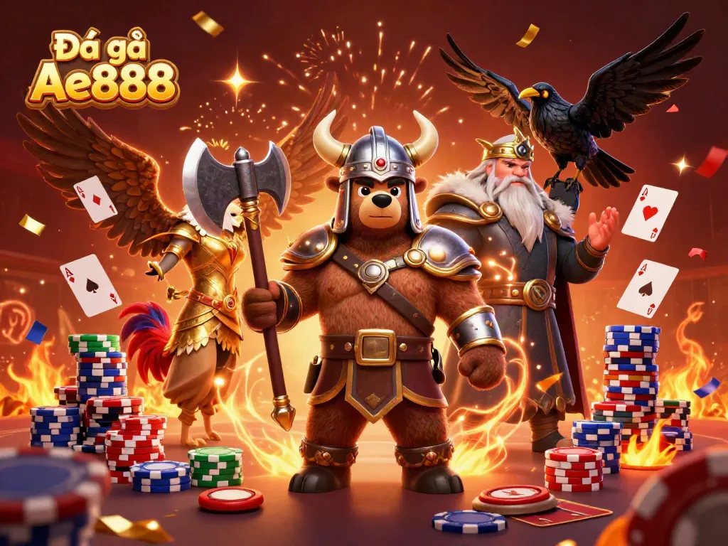 Engage with the thrilling action of Đá gà Ae888 in an immersive 3D illustration featuring vibrant characters and dynamic casino elements.