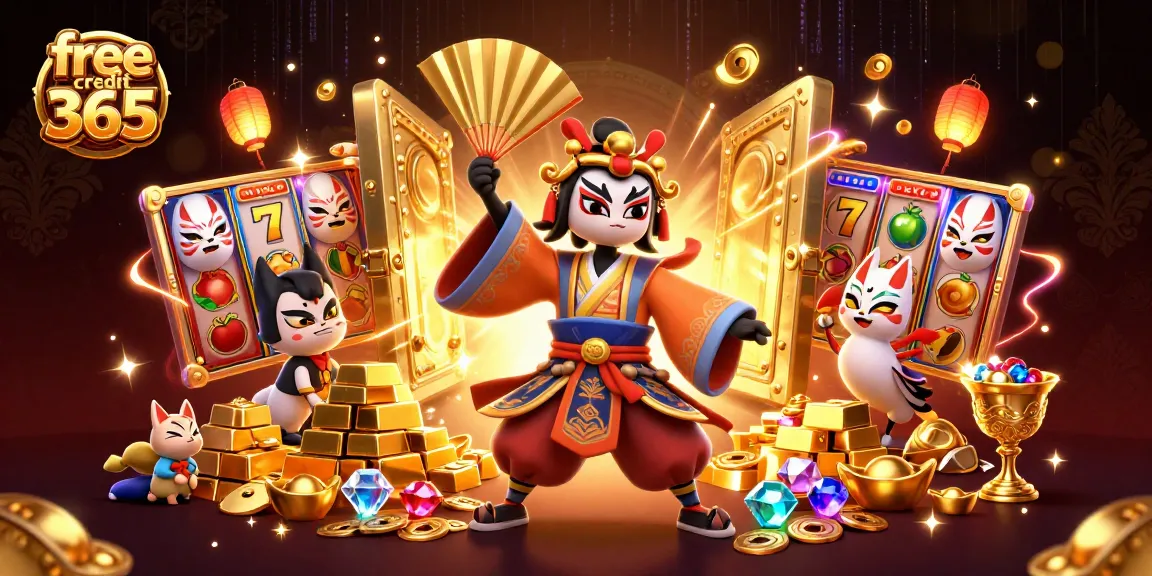 Experience excitement with free credit 365 at a vibrant online casino featuring a kabuki warrior and slot games!