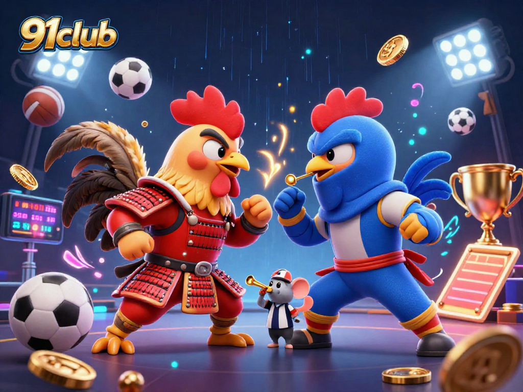 Engage with thrilling action at 91club as roosters battle in a vibrant casino-themed scene.
