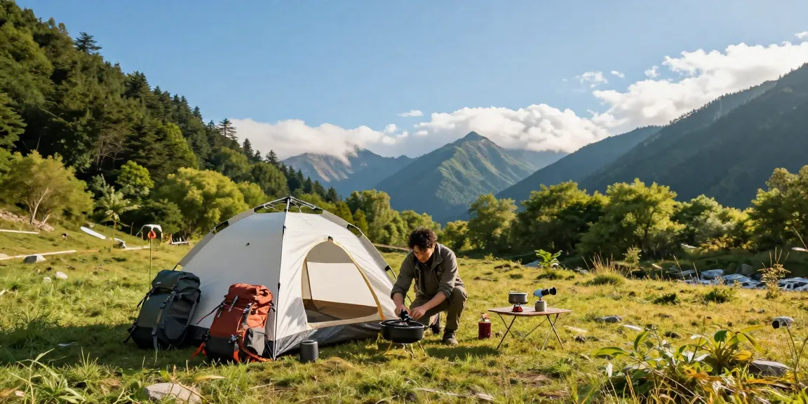 Adventurer setting up a rokok88 camping tent in a scenic mountain landscape.