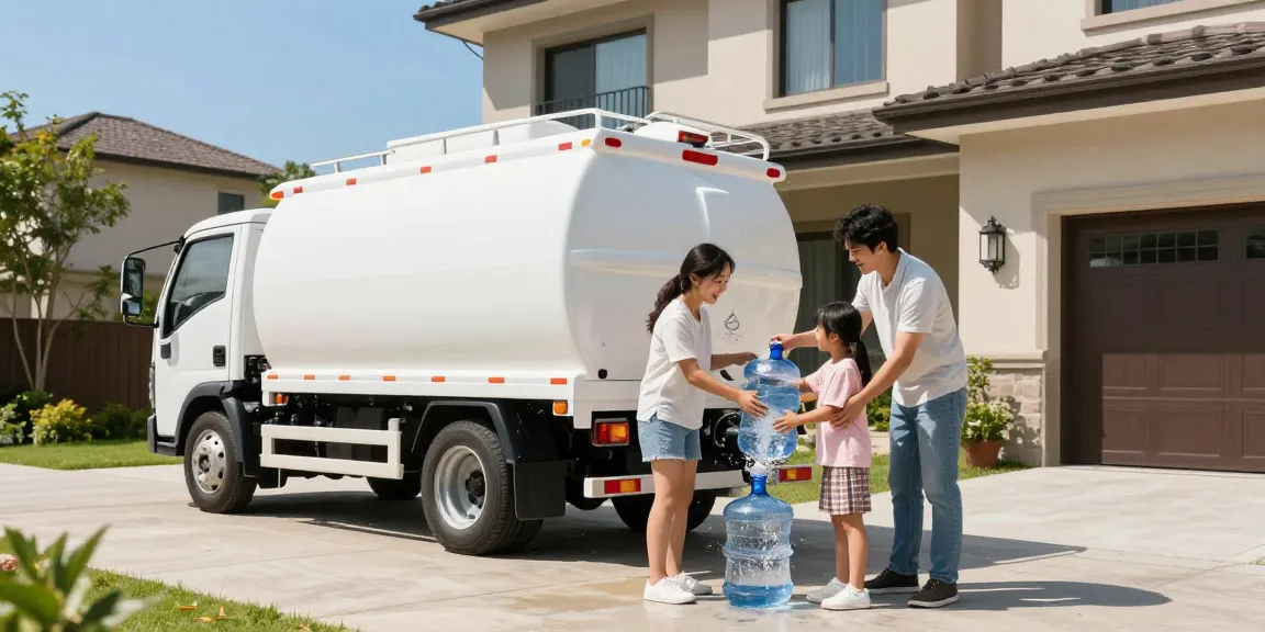 Family engaged in water delivery service outside their home, enjoying وايت ماء بالرياض.