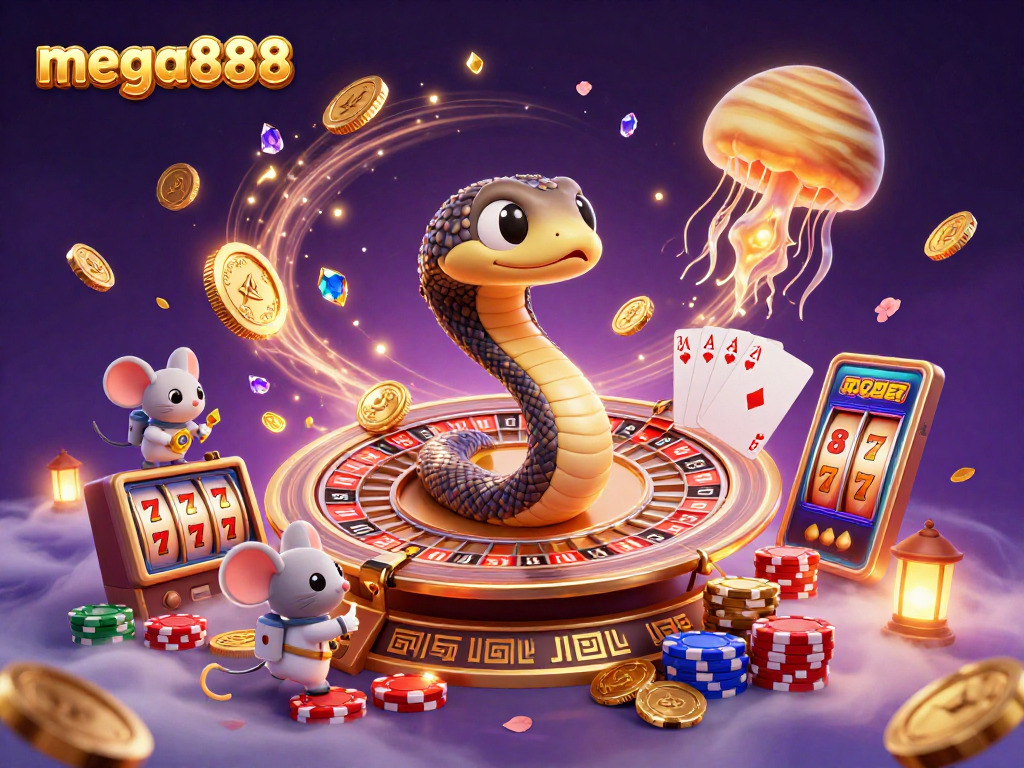 Mega888 memaparkan slot wang sebenar dan permainan menarik dengan keseruan kosmik pada ilustrasi digital.