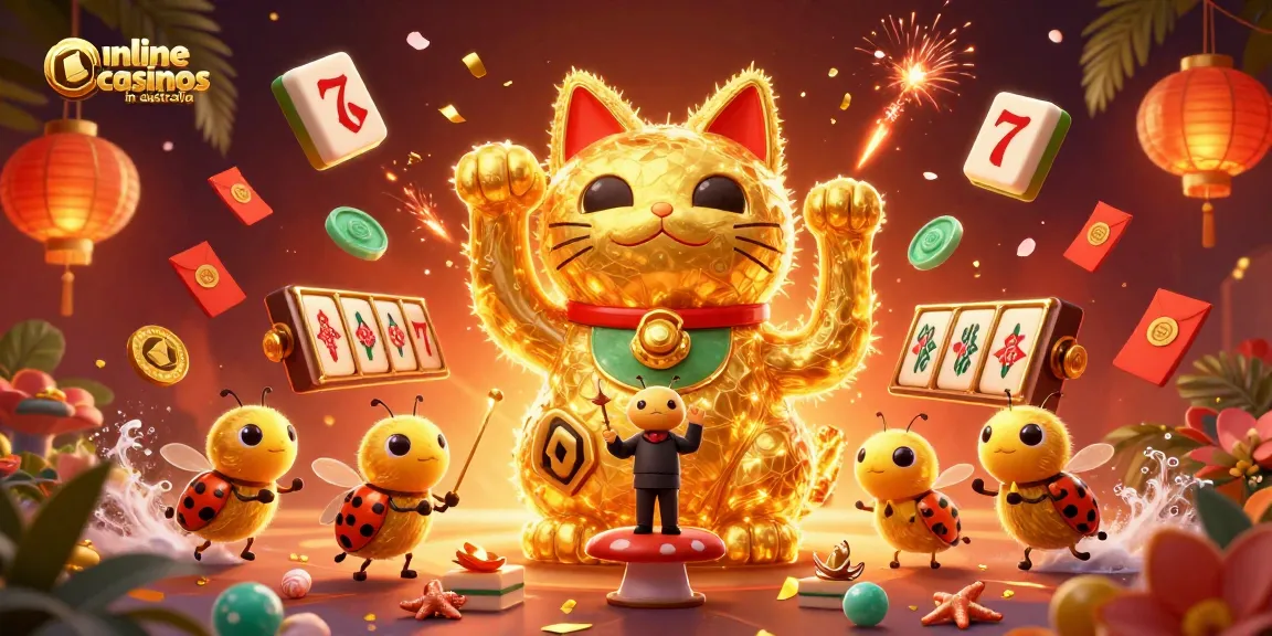 Experience vibrant online casinos in Australia with a lucky cat, golden fireflies, and rich casino symbols.