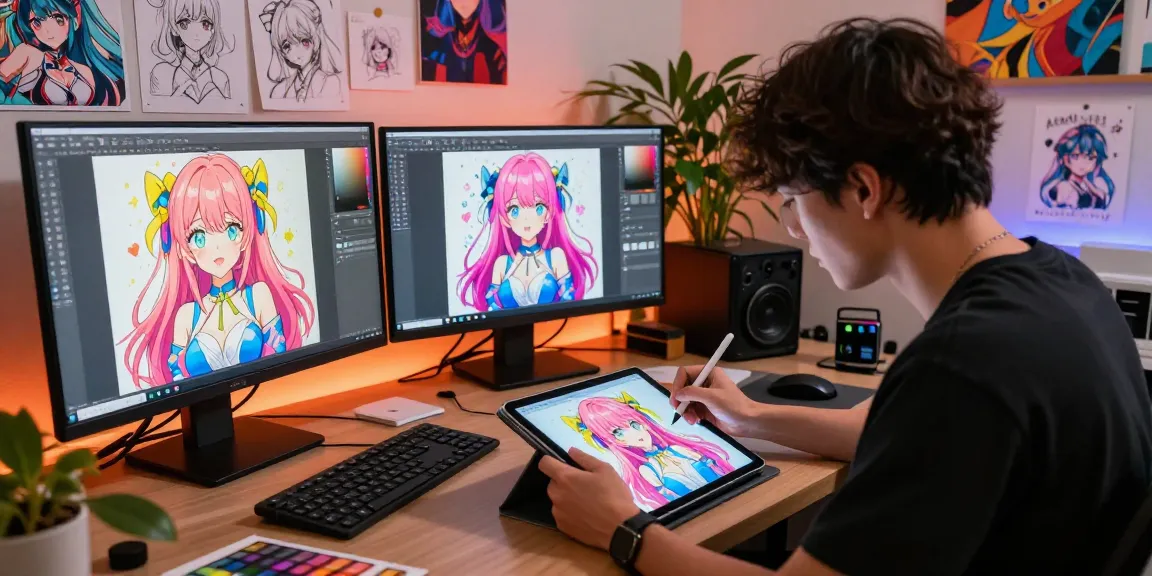 AI ecchi character illustration in a vibrant digital studio with an artist sketching on a tablet, showcasing creativity.