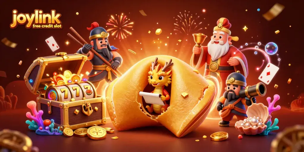 Experience the joylink free credit slot with a majestic golden fortune cookie and enchanted dragon amidst vibrant casino elements.