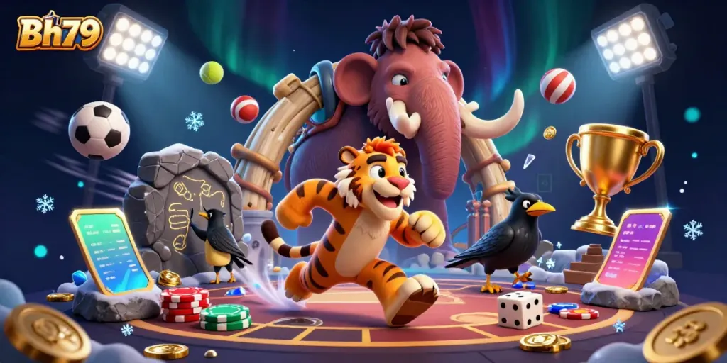 Watch Bh79 in action as ancient characters operate a bustling casino scene filled with vibrant game elements.