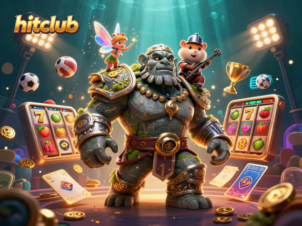 Engage with hitclub's gaming experience through an action-packed illustration featuring a magical golem and playful characters.