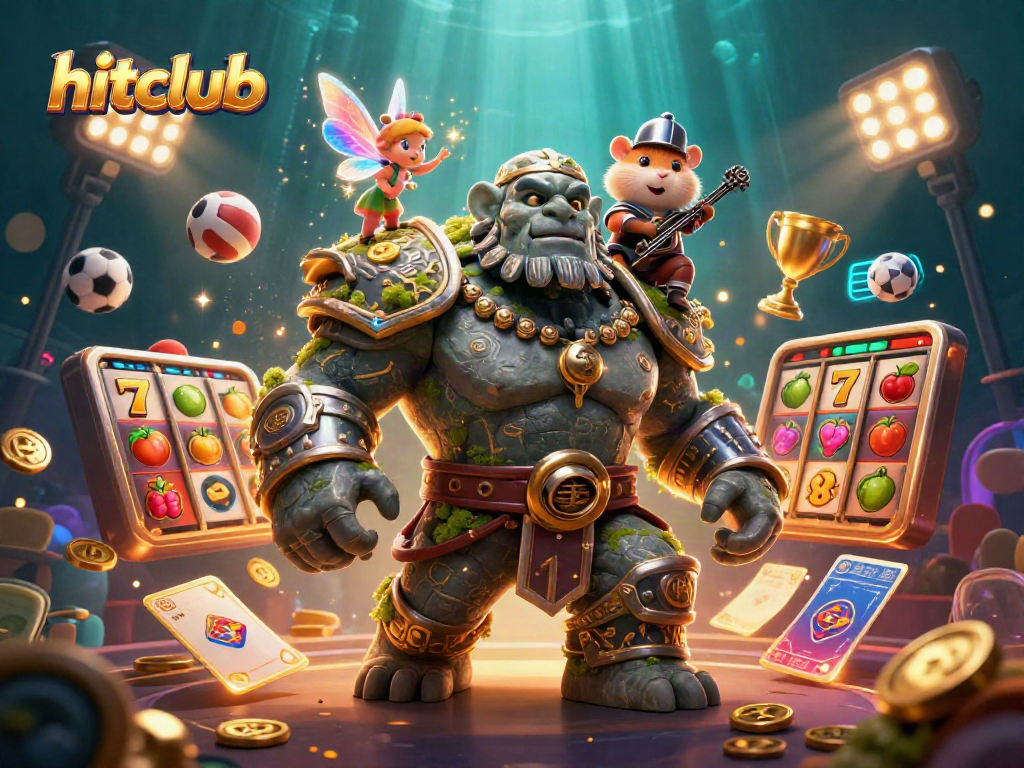 Engage with hitclub's gaming experience through an action-packed illustration featuring a magical golem and playful characters.
