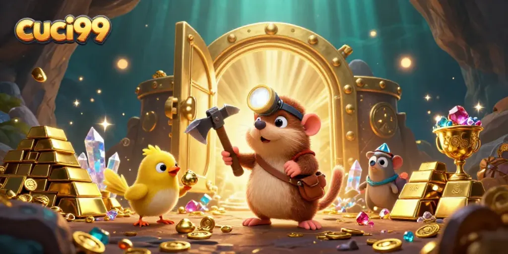 Cuci99 offers a vibrant casino scene with cartoon miner characters and gold treasures.