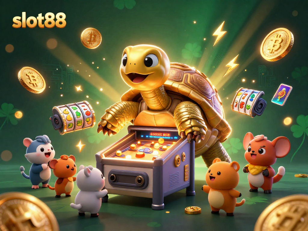 Engage with slot88's vibrant 3D casino scene featuring a golden tortoise pinball machine and dynamic gaming elements.