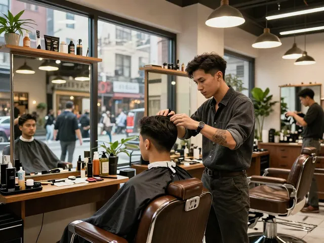 Barbershop scene featuring rokok88 haircutting services with a stylish atmosphere and modern décor.