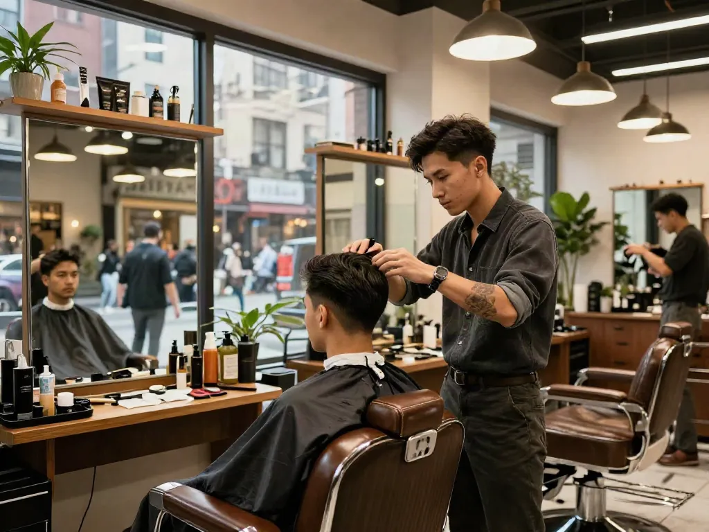 Barbershop scene featuring rokok88 haircutting services with a stylish atmosphere and modern décor.