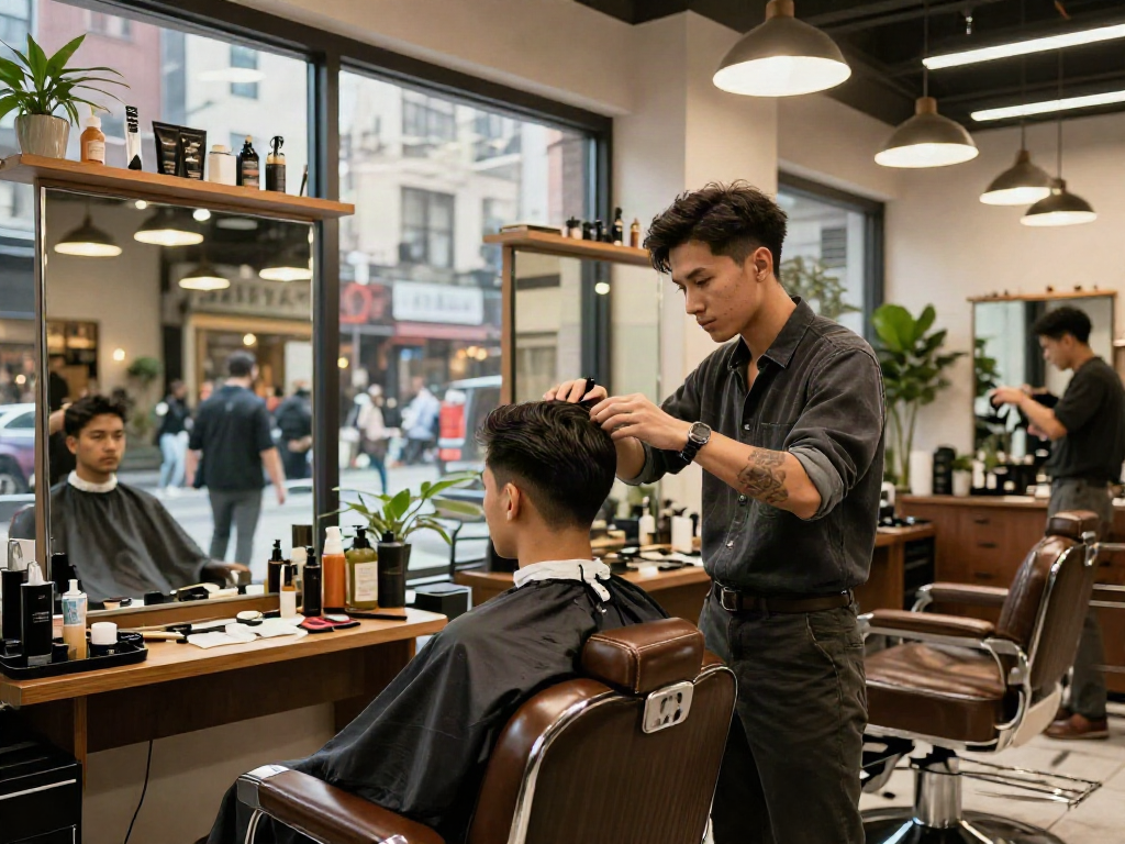 Barbershop scene featuring rokok88 haircutting services with a stylish atmosphere and modern décor.