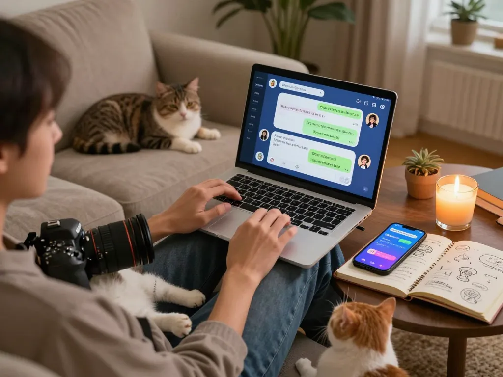 Engaging in AI chat NSFW on a cozy sofa with playful atmosphere and tech devices.
