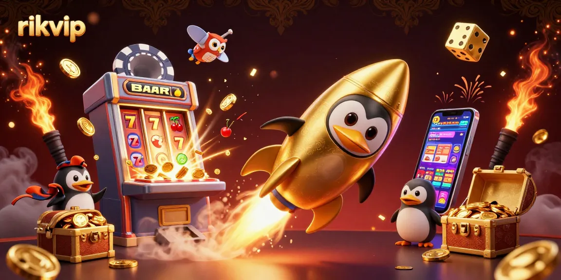 Experience the thrilling games of rikvip with golden penguins and jackpot excitement in a vibrant casino scene.