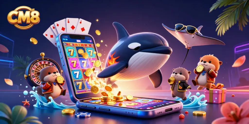 CM8 interactive slots scene featuring an orca, stingray, and sea otters with vibrant casino elements.