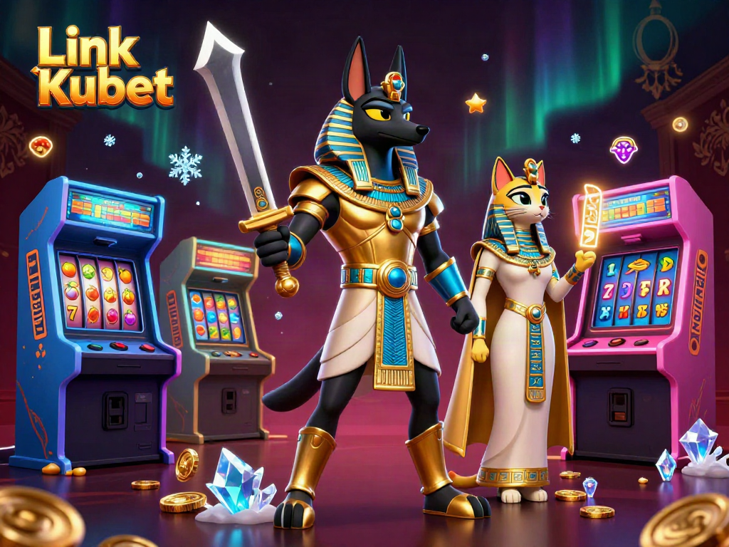 Hit the jackpot at Link Kubet with ancient Egyptian characters amidst vibrant gaming machines.