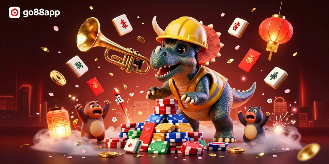 Engage in excitement with go88app, featuring thrilling characters and casino elements celebrating wins.