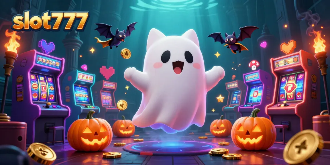 Experience slot777 excitement with a ghost cat, vampire bat, and glowing poker pumpkins in a haunted casino.