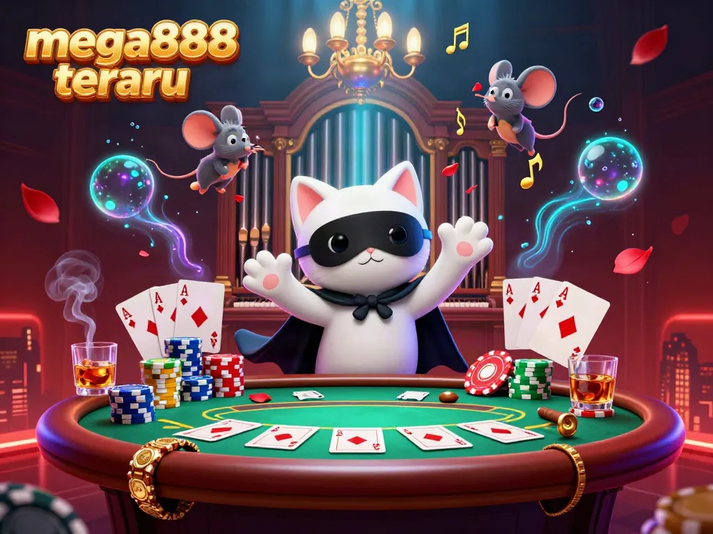 Experience mega888 terbaru with an illustrated scene depicting a gambling adventure in a dynamic casino atmosphere.