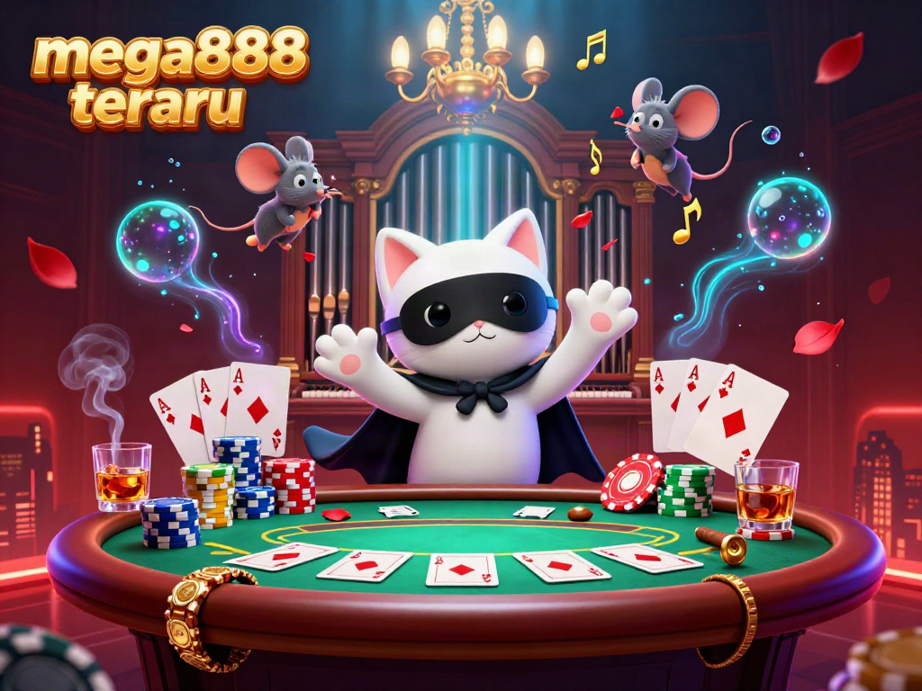 Experience mega888 terbaru with an illustrated scene depicting a gambling adventure in a dynamic casino atmosphere.