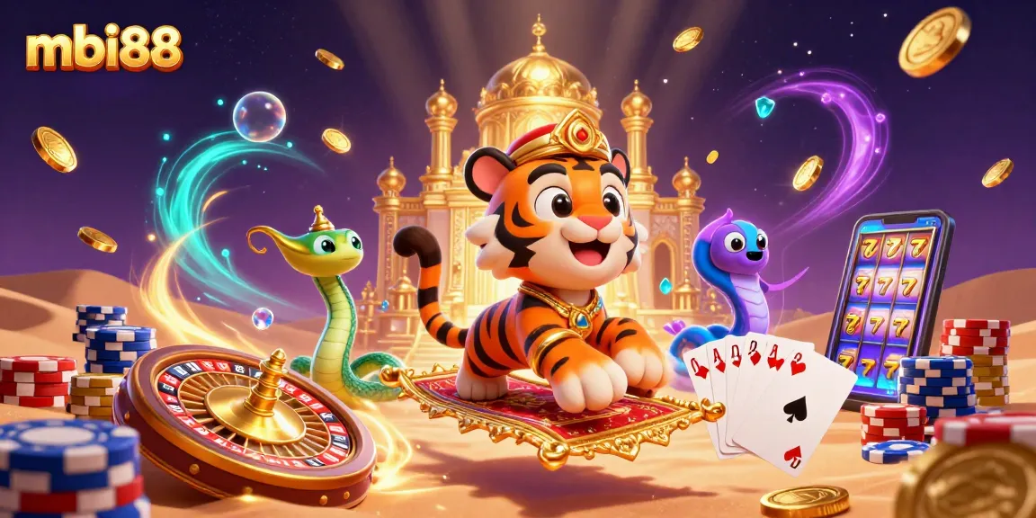 Engage in thrilling gaming at mbi88, showcasing vibrant casino elements with golden treasures and exciting characters.