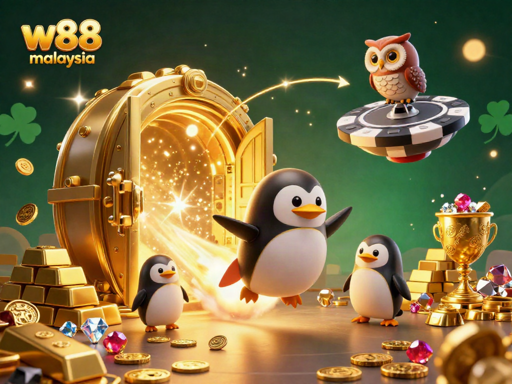 w88 malaysia invokes excitement with a golden penguin and poker chip station illustration for online gambling.