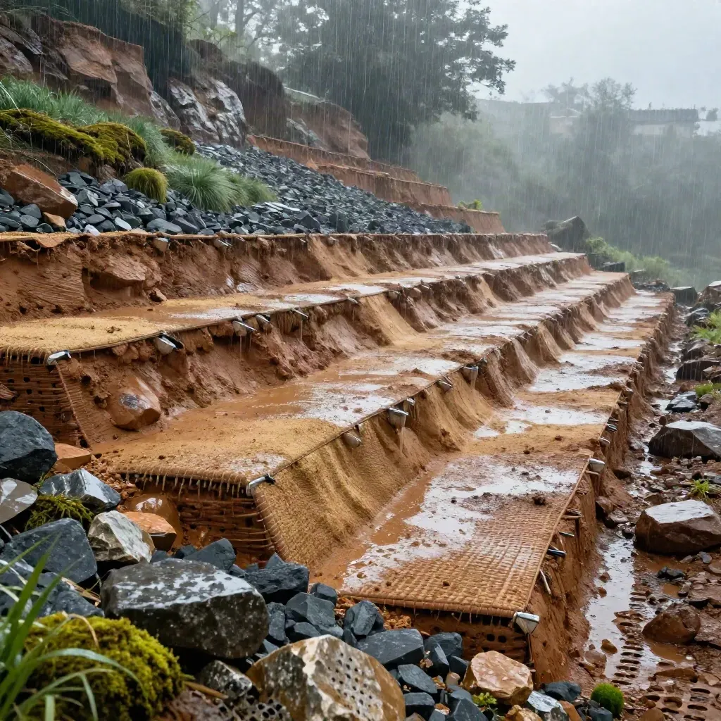 Cerun bertingkat dengan geotekstil, batu riprap dan saluran air dalam hujan renyai.