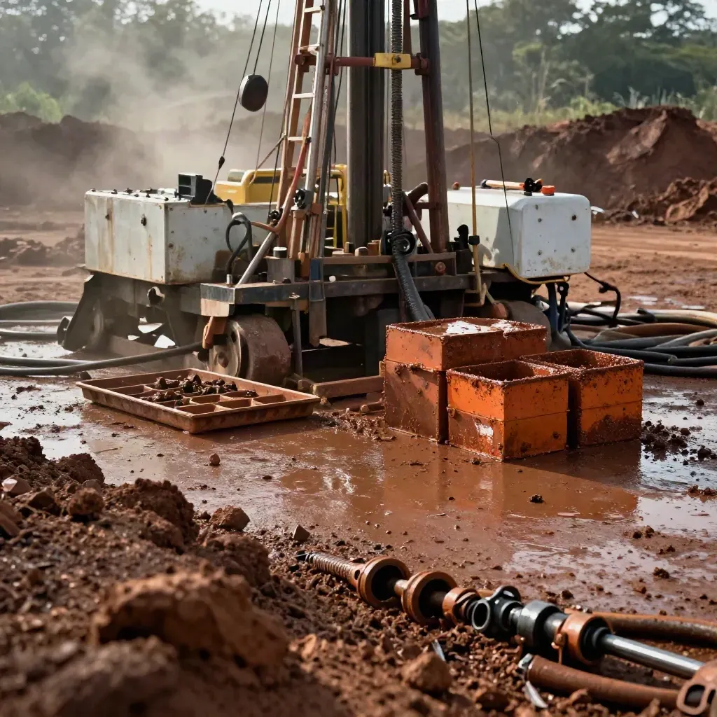 Rig borehole di pad laterit dengan kotak teras lumpur dan serbuk auger, suasana petang berkabus.