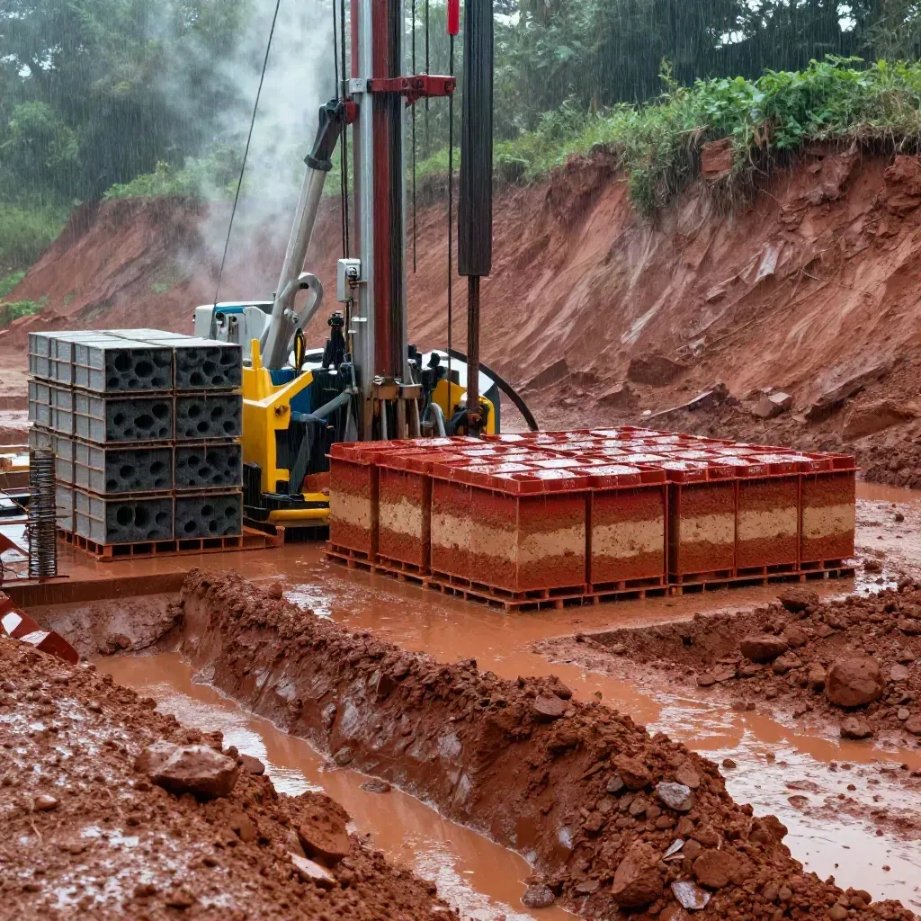 Rig borehole basah, kotak teras, tetulang dan parit saliran di lereng tanah merah selepas hujan.
