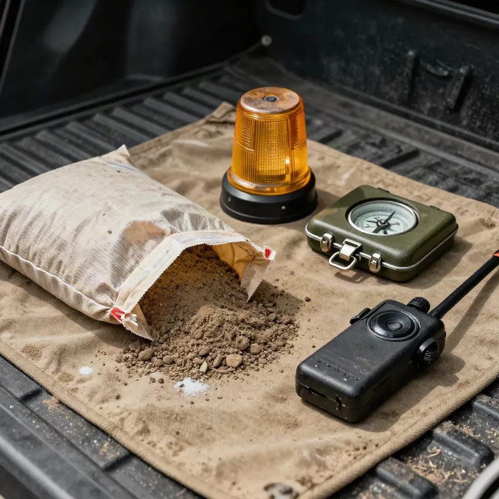 Kelengkapan tapak geoteknik atas tailgate trak dengan beg sampel, beacon, bekas kompas dan radio.