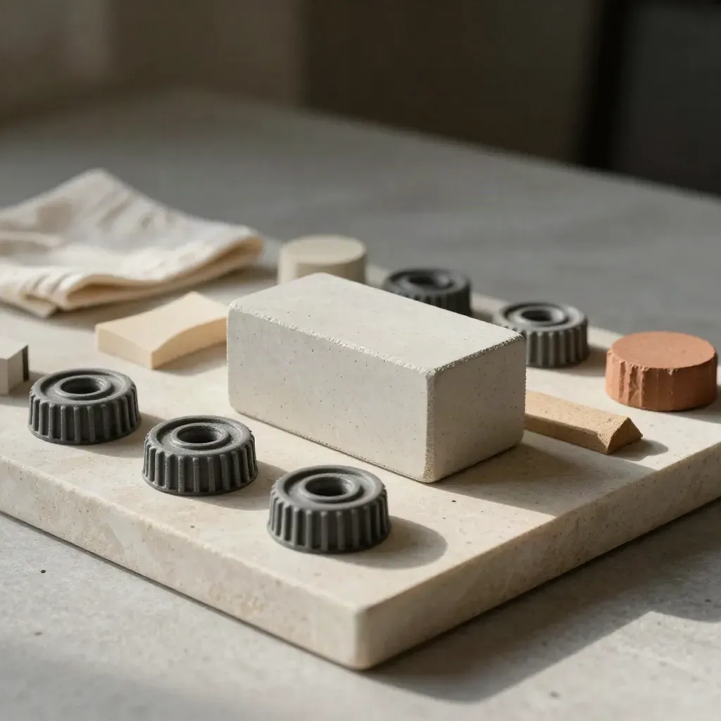 Blok pile cap mini, roda spacer rebar dan baji foam tersusun di atas dulang batu.