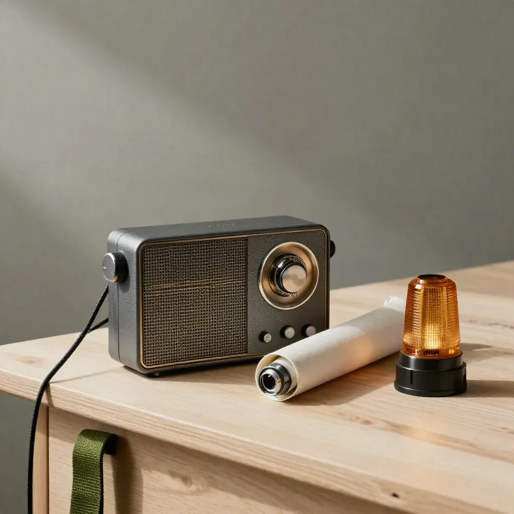 Set alat pemantauan tapak di atas kayu pucat: radio, tiub pelan, lampu suluh dan beacon.