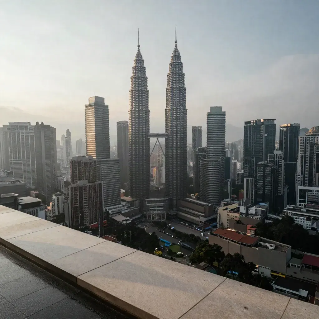 Pemandangan langit Kuala Lumpur berkabus dengan Menara Berkembar di atas bandar gelap.